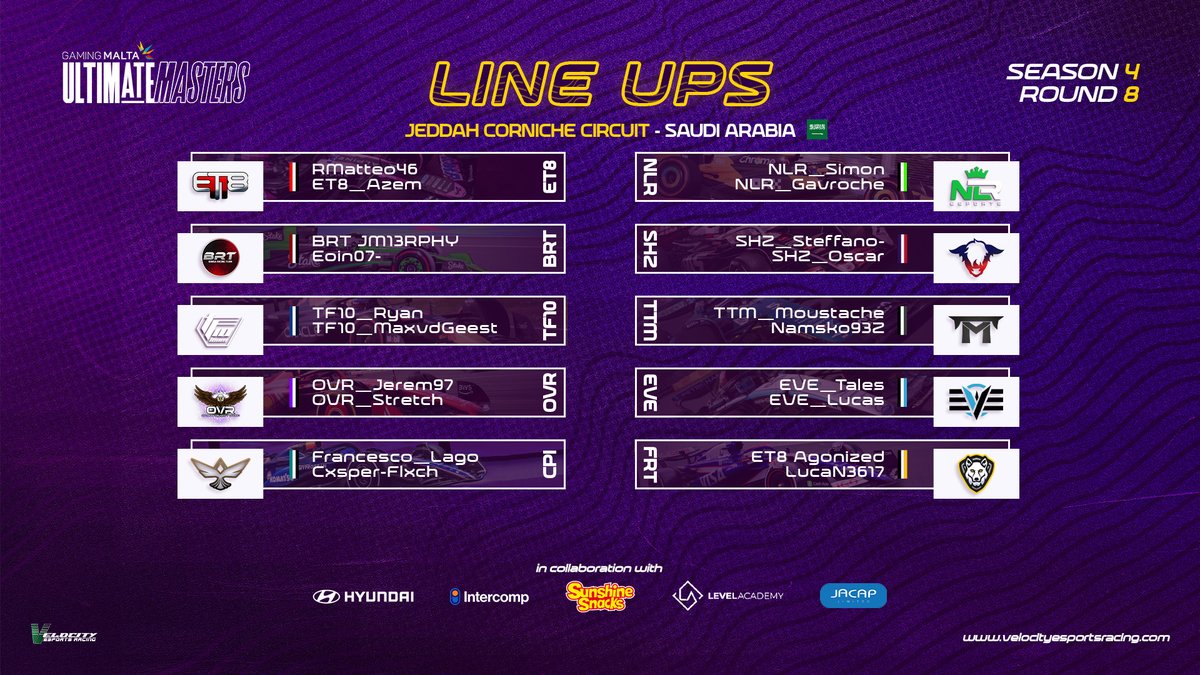 📢 𝗥𝗼𝘂𝗻𝗱 𝟴 𝗟𝗶𝗻𝗲 𝗨𝗽𝘀

The Driver Line Ups for Round 8 of the GamingMalta  Ultimate Masters have been announced!

Join us LIVE tonight at 20:00 UTC on Youtube to follow all the action and excitement!

Watch here: bit.ly/4iu5OgK

#GamingMalta #UltimateMasters