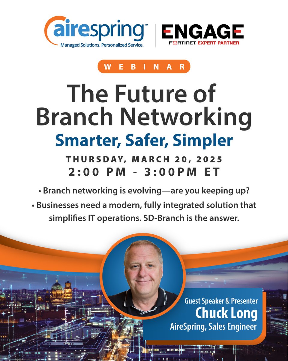 AireSpring's tweet image. Branch networking is evolving—are you keeping up?

Join us for our March Webinar hosted by our Sales Engineer Chuck Long

Register: bit.ly/43eaFyk

Businesses need a solution that simplifies IT while enhancing performance and security. SD-Branch is the answer
#SDBranch