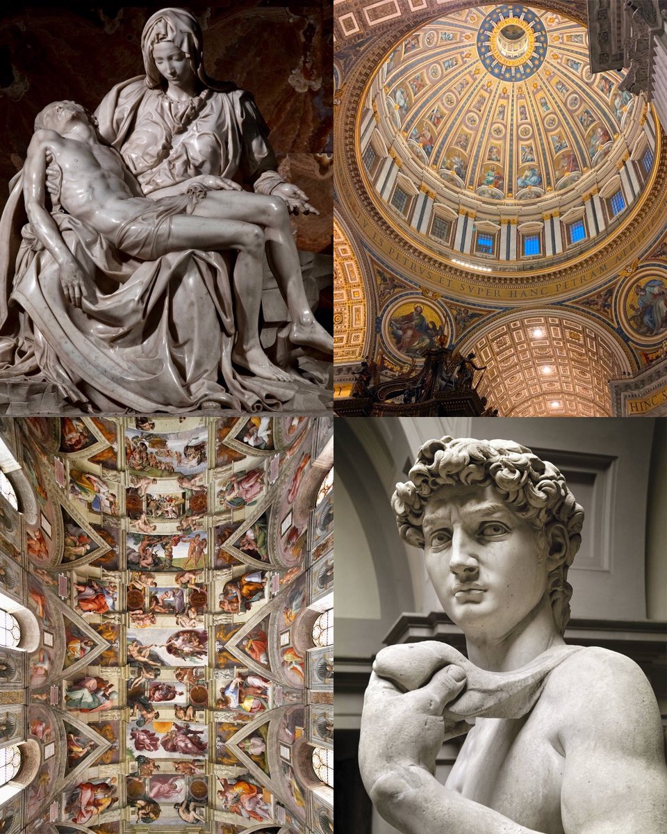 Michelangelo was born 550 years ago today.

The same man who sculpted the Pietà at 23, was commissioned the David at 26, painted the Sistine Chapel’s vault at 36, and was appointed chief architect of St. Peter’s Basilica at 71.

A thread on the greatest artist of all time 🧵