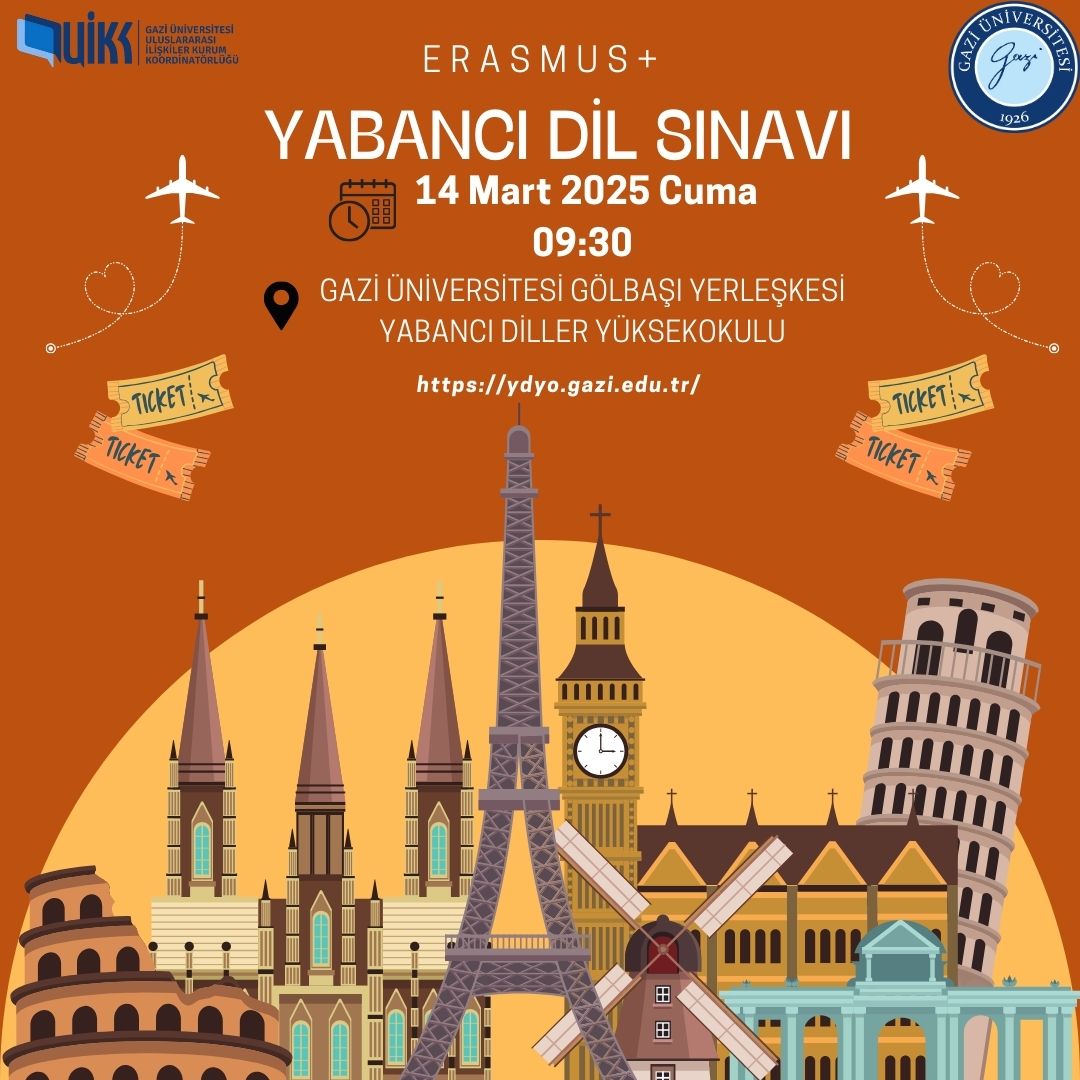 Erasmus+ Yabancı Dil Sınavı yapılacaktır.
📅 14 Mart 2025
⏰ 09.30
📍Gazi Üniversitesi Gölbaşı Yerleşkesi.Yabancı Diller Yüksekokulu Gölbaşı
@gazi_universitesi