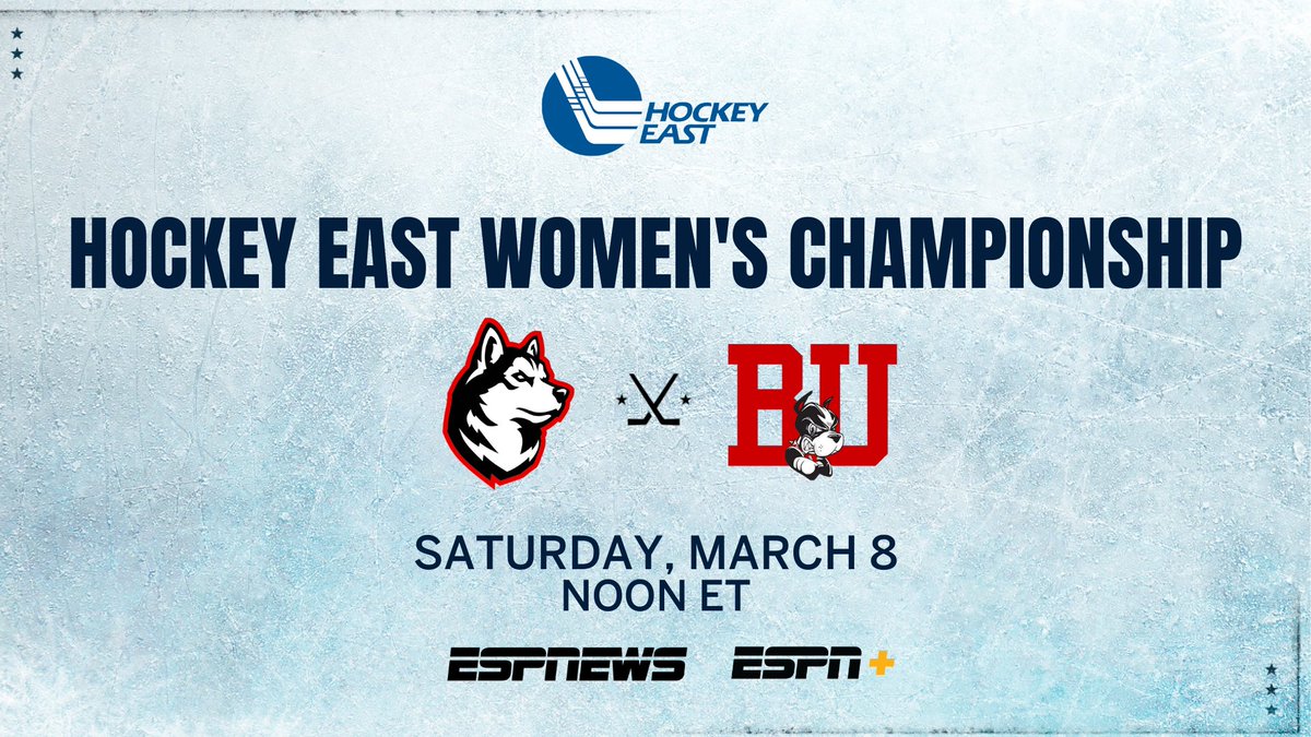 ESPN PR (@espnpr) on Twitter photo Saturday, the puck drops for the 2025 #HockeyEast Women's Championship
🏒 Noon ET | <a href="/GoNUwhockey/">Northeastern Women’s Hockey</a>-<a href="/TerrierWHockey/">BU Women's Hockey</a> | ESPNEWS, ESPN+
🎙️ <a href="/GehlTales/">Kevin Gehl</a>, <a href="/AngelaRuggiero/">Angela Ruggiero</a>
More: bit.ly/3QPops6 Saturday, the puck drops for the 2025 #HockeyEast Women's Championship
🏒 Noon ET | <a href="/GoNUwhockey/">Northeastern Women’s Hockey</a>-<a href="/TerrierWHockey/">BU Women's Hockey</a> | ESPNEWS, ESPN+
🎙️ <a href="/GehlTales/">Kevin Gehl</a>, <a href="/AngelaRuggiero/">Angela Ruggiero</a>
More: bit.ly/3QPops6
