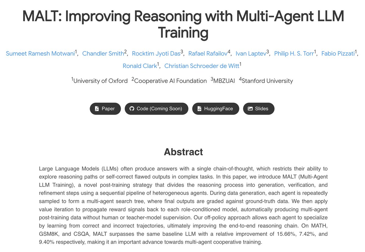Introducing MALT: Improving Reasoning with Multi-Agent LLM Training🫡

We present a new multi-agent post-training method that uses credit assigned synthetic data to improve the reasoning capabilities and self-correction rates of a generator, critic, and refinement model working