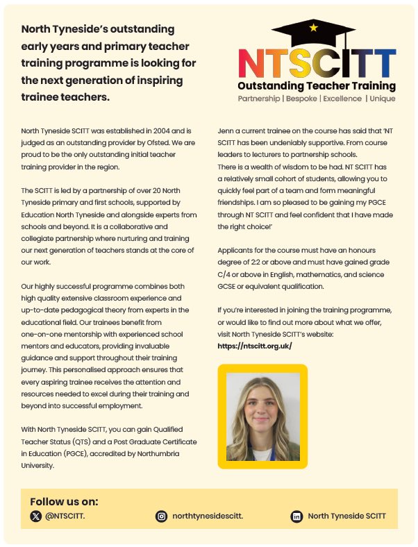 NT SCITT (@ntscitt) on Twitter photo We still have places available for our early years and primary courses starting Sep 25, so if you would like to train to teach in the North East check out our website or contact us for further information. <a href="/NTynesideEY/">EY Education North Tyneside</a> <a href="/NTPrimaryTeam/">Education North Tyneside Primary Team</a> <a href="/NTCouncilTeam/">North Tyneside Council</a> <a href="/getintoteaching/">Teaching</a> We still have places available for our early years and primary courses starting Sep 25, so if you would like to train to teach in the North East check out our website or contact us for further information. <a href="/NTynesideEY/">EY Education North Tyneside</a> <a href="/NTPrimaryTeam/">Education North Tyneside Primary Team</a> <a href="/NTCouncilTeam/">North Tyneside Council</a> <a href="/getintoteaching/">Teaching</a>