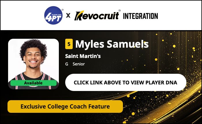CBB Transfer Portal Spotlight

Myles Samuels
6'5" 190
Guard
Saint Martin's

2024-25 Stats (29 Games):
📊 11.8 PPG, 5.8 RPG, 2.4 APG, 38.0 FG%

Coach Exclusive Revocruit Player DNA:
🔗 applink.revocruitathlete.com/player/10894

#TP4PT #TransferPortal