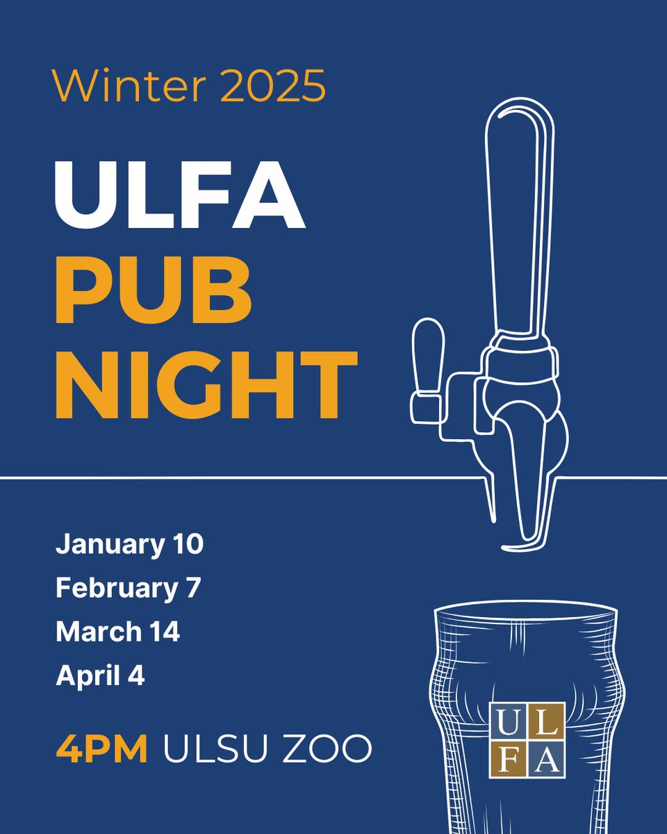 Pub Night has been moved to a new date!

Join us at the ULSU Zoo on Friday, March 14 at 4:00 pm. Relax after a busy first week, meet, and socialize with fellow ULFA members.