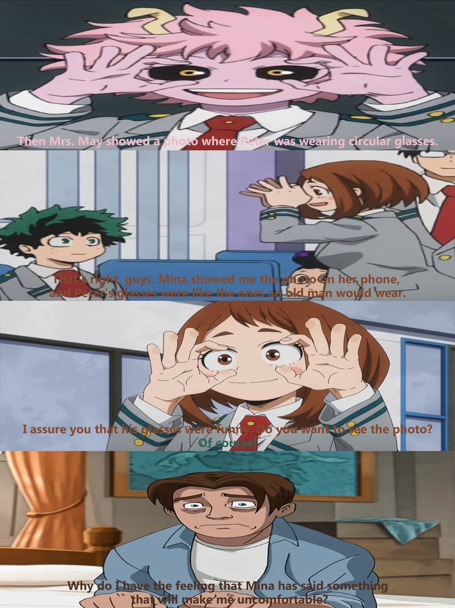 FrancoEnriqueR5's tweet photo. [BNHA X Spiderman] - Glasses

Please, read the ALT.

#peterparker #spiderman #Multiverse #anime #minaashido #PINKY #urarakaochako #midoriya #Deku #BokuNoHeroAcademia #MarvelComics #crossover #Whatif #photoshop #joke #funnie #IzukuMidoriya #friend #friendship #marvel https://t.co/p9DISDVnXB