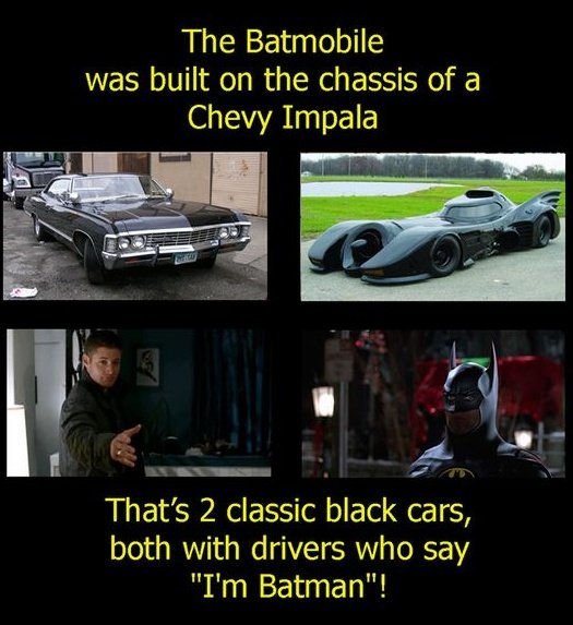 So this probably old news, but still cool to know. Batman (1989) movie car was based on the chassis of 1967 Chevrolet Impala (Chevy). "I am Batman" from Bruce and Dean.  #Supernatural
#SPN #Batman #ChevyImpala #67Impala #Baby #Batmobile <a href="/WinFamBusiness/">WFB Supernatural</a> <a href="/willmckinley/">Will McKinley</a>