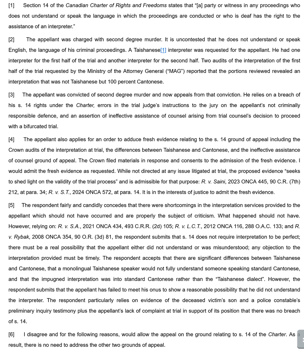LawScribes's tweet photo. Charter of Rights s14 'right to an interpreter' in #criminallaw trial. Unanimous Ontario appeal court ordered new trial in 2nd degree murder case because the accused received translation in 'wrong' language. R v Chen ONCA https://t.co/H3aZ0AePRl https://t.co/FnwVnOfygf