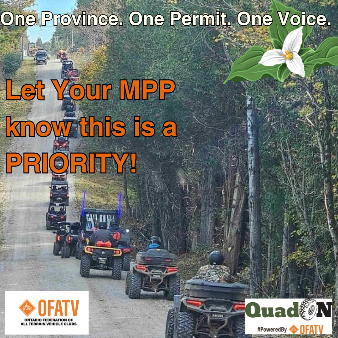 OFATV's tweet image. 📢 One Province. One Permit. One Voice. 📢

Ontario ATV riders deserve a unified trail permit! Let your MP know this is a priority to make riding easier and more connected across the province.
Speak up today for One Permit!
#OnePermitOntario #RideONtario #SinglePermit #OFATV