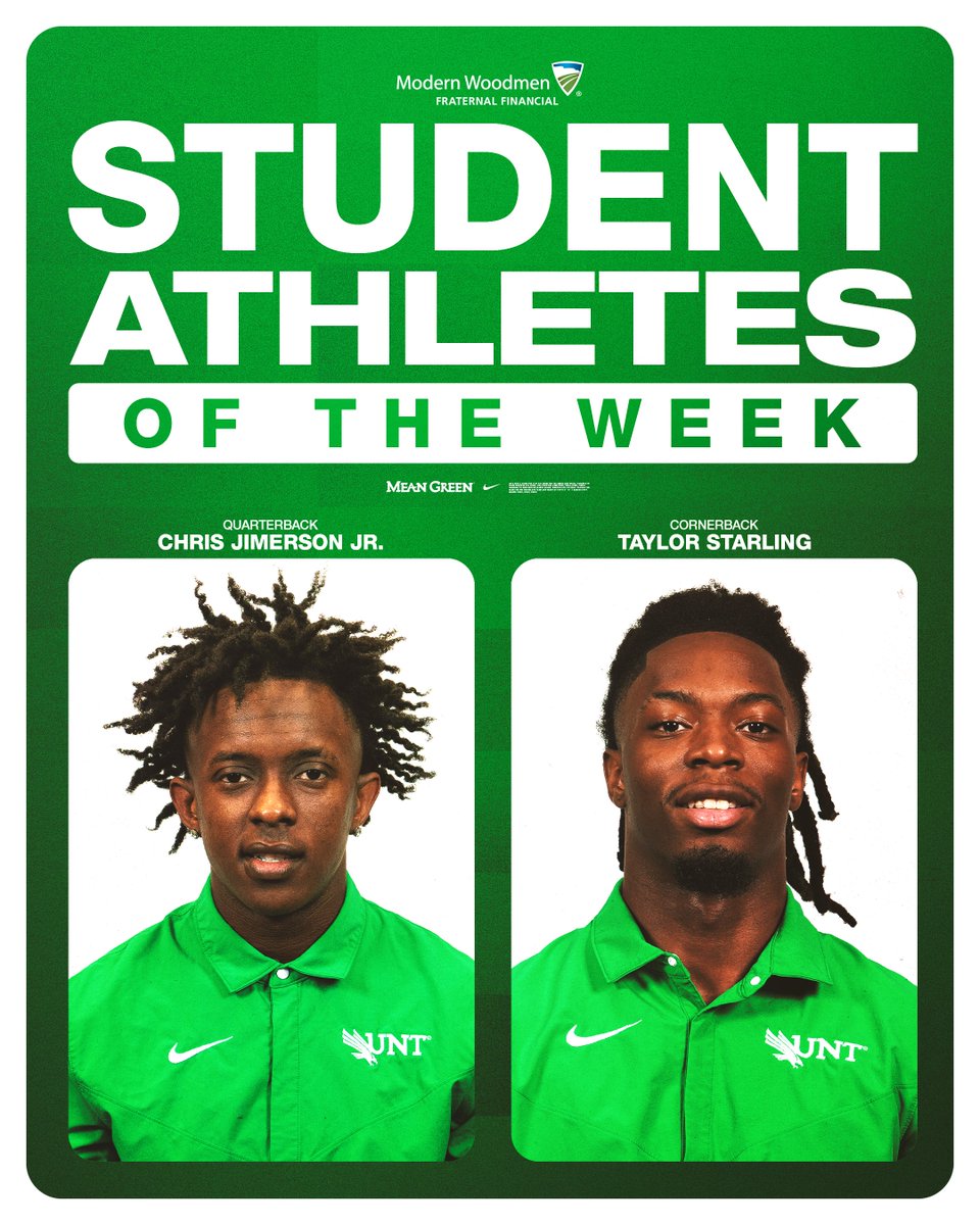 UNT Football (@meangreenfb) on Twitter photo Congrats to our Student-Athletes of the Week, <a href="/ChrisJimersonJ1/">Chris Jimerson Jr</a> and <a href="/officialtaaay_1/">Taylor Starling</a> ! 💯📚
#GMG🦅 Congrats to our Student-Athletes of the Week, <a href="/ChrisJimersonJ1/">Chris Jimerson Jr</a> and <a href="/officialtaaay_1/">Taylor Starling</a> ! 💯📚
#GMG🦅