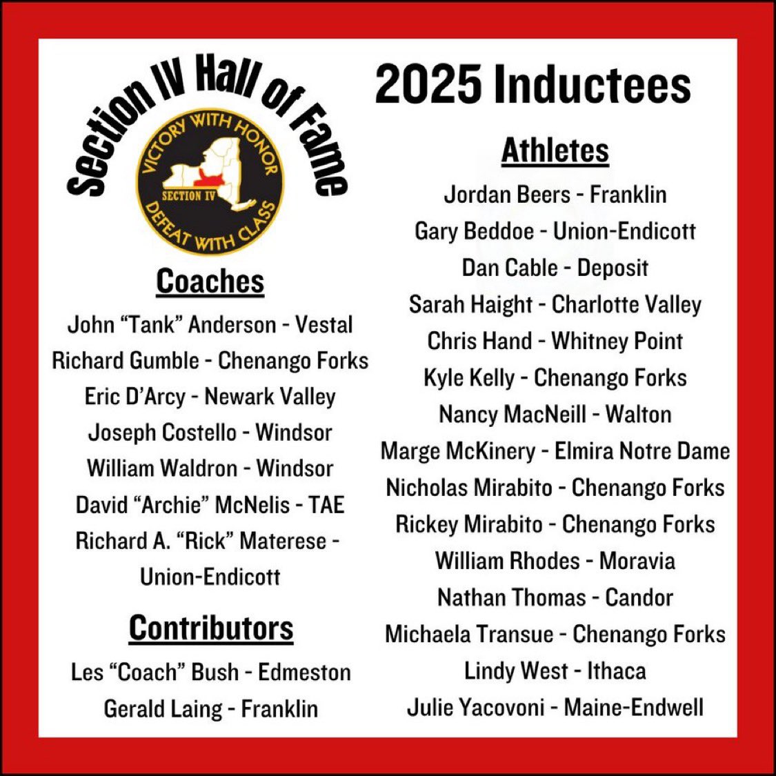 Yesterday, <a href="/Sect4Athletics/">Section IV of NYSPHSAA</a> announced their 2025 Section IV Hall of Fame inductees. Congratulations to Jordan Beers (‘14) and Coach Gerald “JJ” Laing, as well as all of the other inductees. The Induction ceremony is May 3, in Binghamton. #PurpleDevilPride