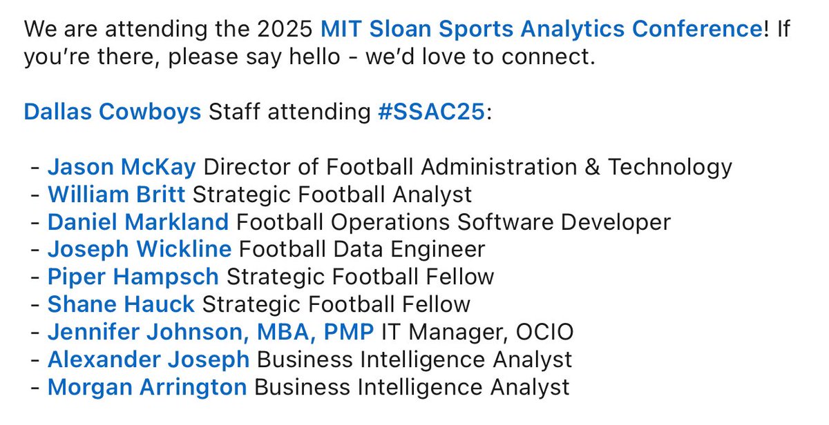 We are attending the 2025 <a href="/SloanSportsConf/">Sloan Sports Conf.</a>! If you’re there, please say hello - we’d love to connect. <a href="/dallascowboys/">Dallas Cowboys</a> <a href="/__willyb/">William Britt</a> <a href="/danielmarkland/">Daniel Markland</a> <a href="/PiperHampsch/">Piper Hampsch</a> <a href="/ShaneHauck/">Shane Hauck</a>