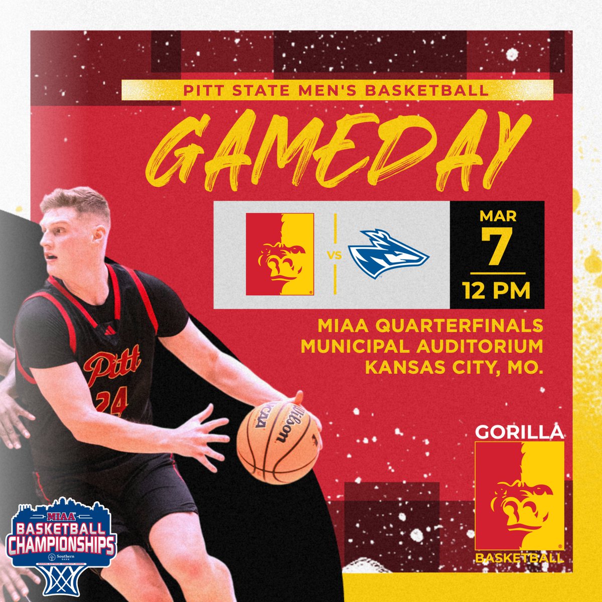 🚨GAMEDAY🚨

Pitt State Men's Basketball faces Nebraska-Kearney in the MIAA Tournament quarterfinals today in Kansas City 🦍🏀

SHOW UP GORILLA NATION.

<a href="/GorillasMBB/">Pittsburg State Men's Basketball</a>|<a href="/pittstate/">Pittsburg State</a>
