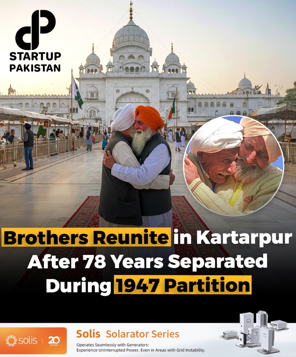 PakStartup's tweet photo. In an emotional reunion at the Kartarpur Corridor, two brothers separated by the 1947 Indo-Pak Partition met after 78 years. 

#IndoPakPartition #KartarpurReunion #FamilyReunion #EmotionalMoment https://t.co/mnPLC2IrVT