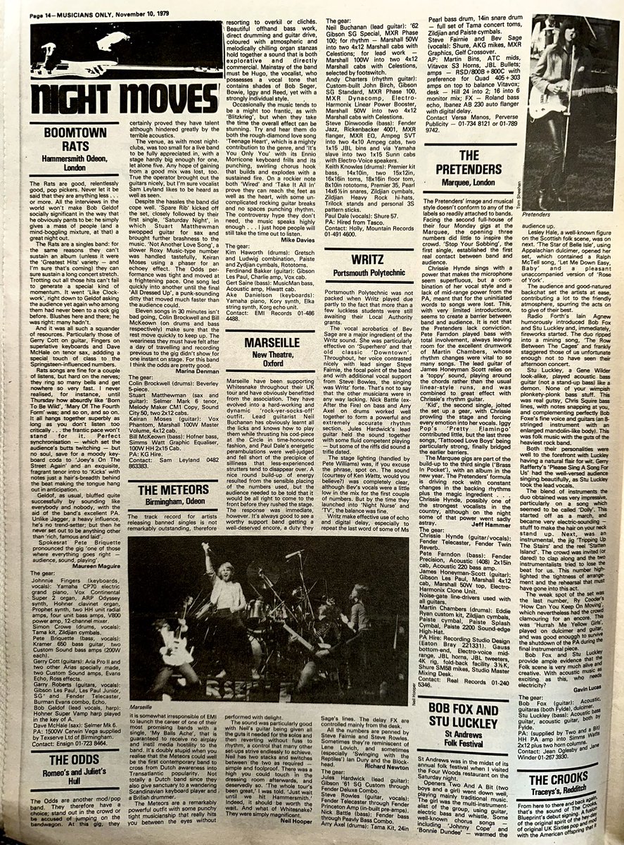 ZoundsAbound's tweet photo. Live shows reviewed here, including #BoomtownRats at Hammersmith Odeon, @ThePretendersHQ at the Marquee, #TomPaxton in Croydon, #Marseille in Oxford & #TheMeteors in Birmingham
Musicians Only Nov 10th 1979 https://t.co/GGK7bWmVIS