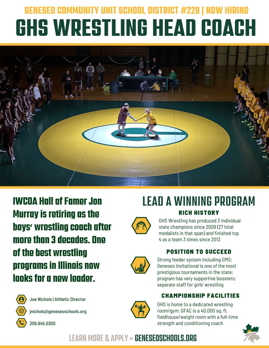 Geneseo Schools (@geneseodist228) on Twitter photo With the retirement of Jon Murray after more than three decades as Geneseo's boys' wrestling head coach, one of the best programs in Illinois is now looking for a new leader. <a href="/athleticsGHS/">Geneseo Athletics</a>
Learn more about the program, the role, and how to apply: geneseoschools.org/article/2070966 With the retirement of Jon Murray after more than three decades as Geneseo's boys' wrestling head coach, one of the best programs in Illinois is now looking for a new leader. <a href="/athleticsGHS/">Geneseo Athletics</a>
Learn more about the program, the role, and how to apply: geneseoschools.org/article/2070966