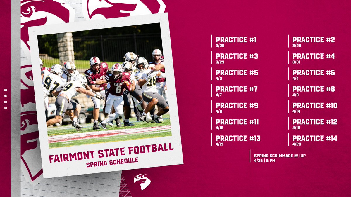 Spring ball is right around the corner 👊

Here is the schedule for Falcon Spring Football!  Mark your calendars for 4/25 when we head to Indiana, PA for our spring scrimmage!
#SOAR