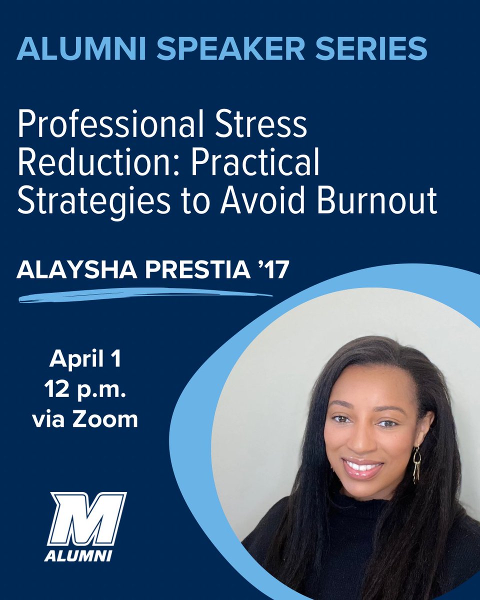 Monmouth Alumni (@monmouthalumni) on Twitter photo Join alumna, Alaysha Prestia '17 🦅, Licensed Psychotherapist, as she shares evidence-based strategies to manage stress, set boundaries, and prevent burnout using cognitive behavioral and motivational interviewing techniques.
Register at monmouth.edu/alumni/lunch-a… Join alumna, Alaysha Prestia '17 🦅, Licensed Psychotherapist, as she shares evidence-based strategies to manage stress, set boundaries, and prevent burnout using cognitive behavioral and motivational interviewing techniques.
Register at monmouth.edu/alumni/lunch-a…