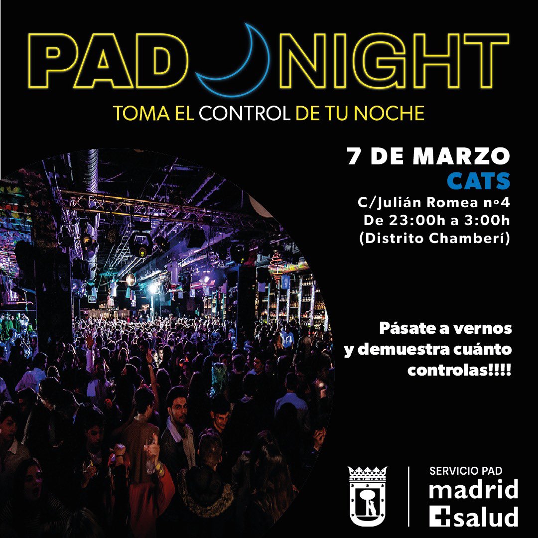 PADJoven_'s tweet image. 🎉#PadNight continua acompañandoos de fiesta esta vez nos vemos este viernes 7 de marzo en:

📍Sala privada CATS, c/Julián Romea nº 4 
🕒 de 23:00h. a 3:00h. en el Distrito Chamberí.