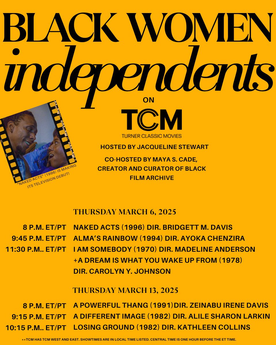 my <a href="/tcm/">TCM</a> co-hosting debut begins tonight (!!!). as a lifelong fan, this is sincerely a dream come true.  please join me and <a href="/ProfJStewart/">jacqueline stewart</a> as we discuss black women's independent filmmaking at length.

here are the showtimes for tonight's and next week's (3/13) program:
