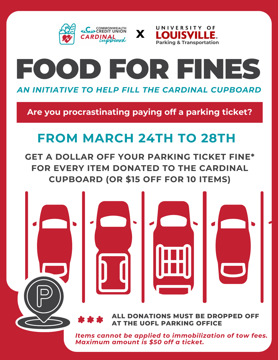 UofLParking's tweet photo. Do you want to make a difference and clear your fines at the same time?

Join us for Food for Fines Week!  You can donate items to reduce your balance—up to $50 per person. It's a great way to give back and help the UofL community, while clearing your account. https://t.co/0IxflHFJ6H