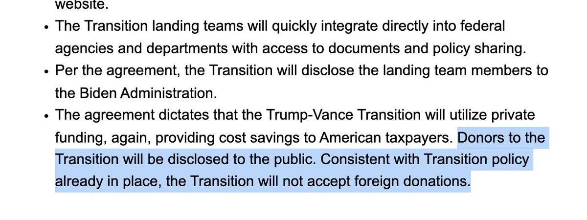On Nov 26, Trump promised to disclose donors to his transition and to refuse donations from foreigners.

It's been 6 weeks since his inauguration and not a single donor has been disclosed. I asked the White House and the transition co-chairs for comment and none even responded.