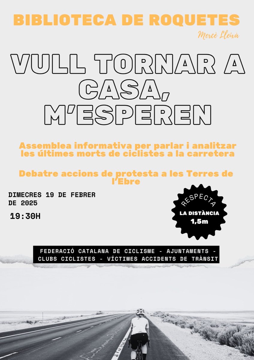 Asociación P(A)T (@apat_pat) on Twitter photo "QUIERO VOLVER A CASA, ME ESPERAN", así se tituló la asamblea informativa para hablar y analizar los últimos ciclistas fallecidos en la carretera en la bliblioteca de <a href="/AjRoquetes/">Ajuntament Roquetes</a>
#EnLaVíaNoEstamosSolos 🙌 Respeta la distancia de metro y medio de vida al #ciclista 💙 "QUIERO VOLVER A CASA, ME ESPERAN", así se tituló la asamblea informativa para hablar y analizar los últimos ciclistas fallecidos en la carretera en la bliblioteca de <a href="/AjRoquetes/">Ajuntament Roquetes</a>
#EnLaVíaNoEstamosSolos 🙌 Respeta la distancia de metro y medio de vida al #ciclista 💙