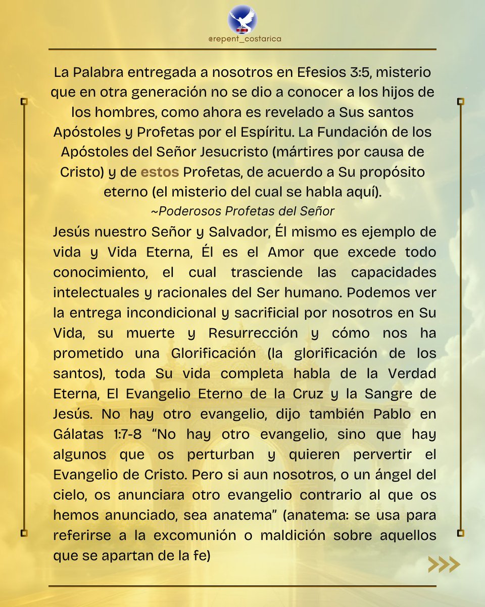 RepentCostaRica's tweet photo. Efesios 3:5 
[5] misterio que en otras generaciones no se dio a conocer a los hijos de los hombres, como ahora es revelado a sus santos apóstoles y profetas por el Espíritu: 
🕎✝️🕎 #JesusMightyVictory 📩 https://t.co/lKC4zDs2xU
