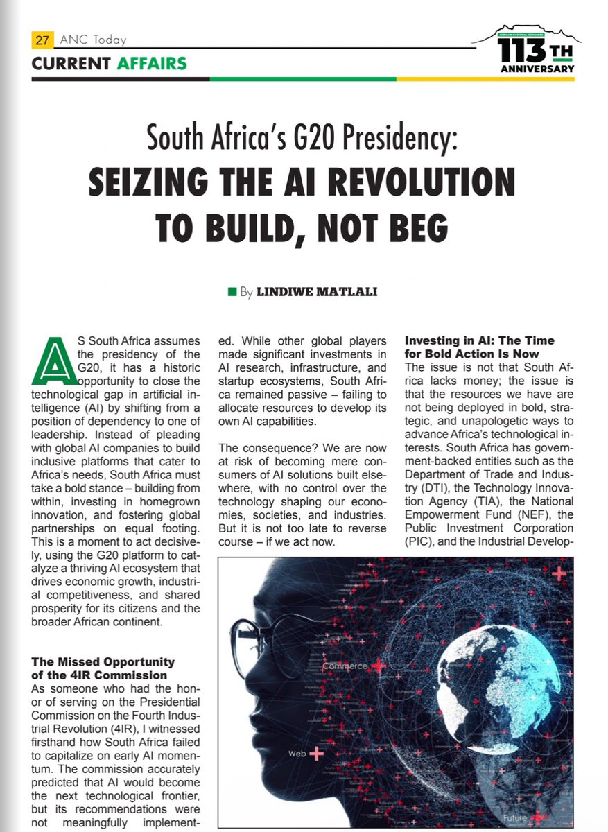 In this week's edition of ANC Today:

"South Africa's G20 Presidency:
SEIZING THE AI REVOLUTION
TO BUILD, NOT BEG” - By Lindiwe Matlali

Link to full article here: online.fliphtml5.com/larny/miij/#p=…

#LetsDoMoreTogether