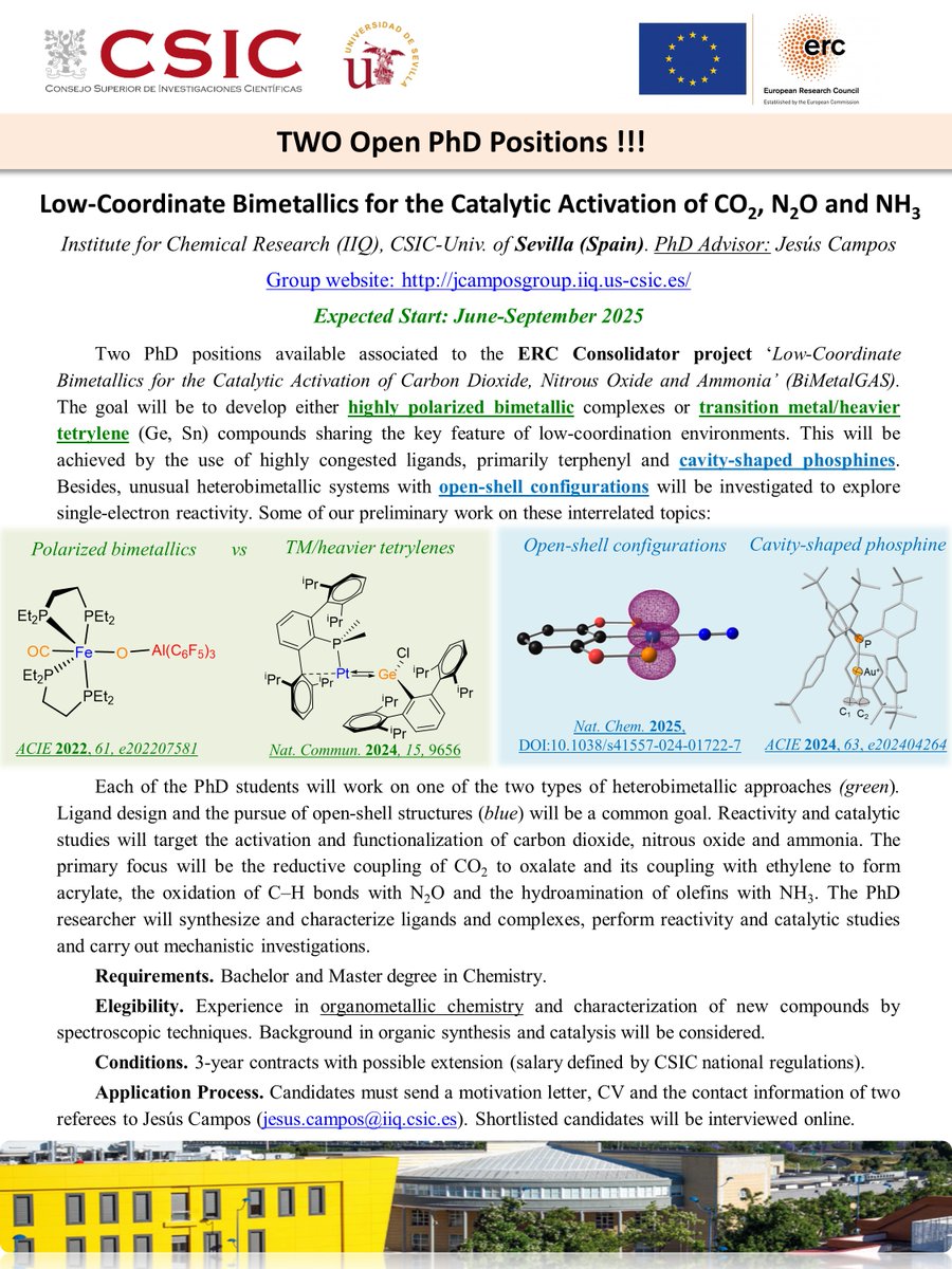 Jesus Campos Group (@camposgroup) on Twitter photo We're hiring: TWO 3-year PhD positions to develop Bimetallic Chemistry for CO2, N2O and NH3 activation under ERC Consolidator Grant BiMetalGAS <a href="/ERC_Research/">European Research Council (ERC)</a> . Expected start: June-September 2025. Please RT #PhDposition #PhDOpportunity #chemjob Cool bimetallics in 🌞Sevilla We're hiring: TWO 3-year PhD positions to develop Bimetallic Chemistry for CO2, N2O and NH3 activation under ERC Consolidator Grant BiMetalGAS <a href="/ERC_Research/">European Research Council (ERC)</a> . Expected start: June-September 2025. Please RT #PhDposition #PhDOpportunity #chemjob Cool bimetallics in 🌞Sevilla