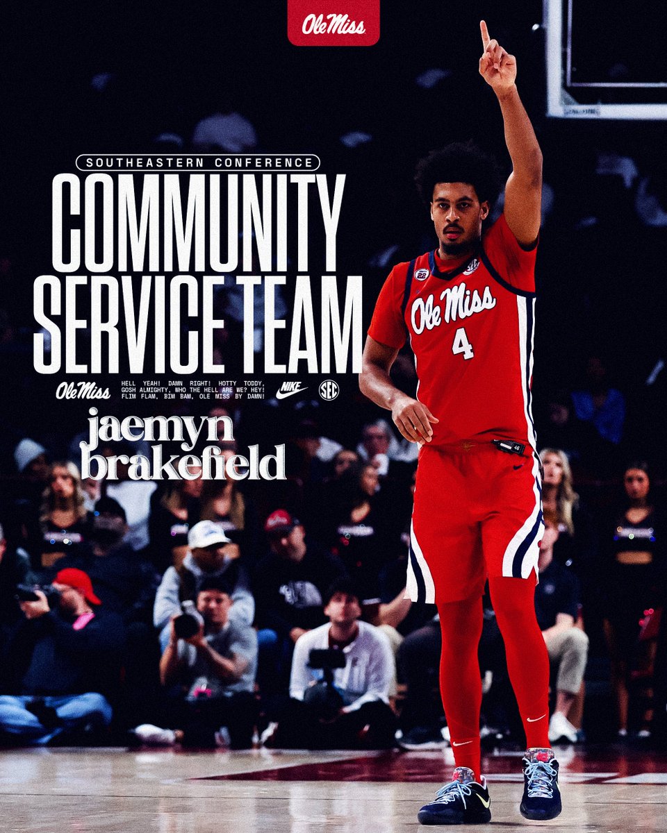 Ole Miss Men’s Basketball (@olemissmbb) on Twitter photo Congratulations to <a href="/Jaemyn1/">Jaemyn Brakefield</a> on being named to the <a href="/SEC/">Southeastern Conference</a> Community Service Team!
#HottyToddy x #Culture Congratulations to <a href="/Jaemyn1/">Jaemyn Brakefield</a> on being named to the <a href="/SEC/">Southeastern Conference</a> Community Service Team!
#HottyToddy x #Culture