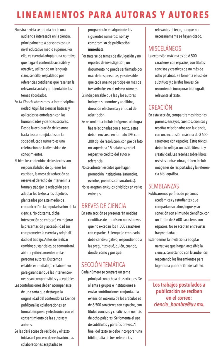 🔬✨ ¡Publica en La Ciencia! ✨📖

Contamos con una CONVOCATORIA PERMANENTE para la postulación de artículos de divulgación.

📄 Consulta los lineamientos de publicación en la imagen adjunta y ¡comparte el conocimiento!

#cienciauv #Revista_LaCiencia #divulgación