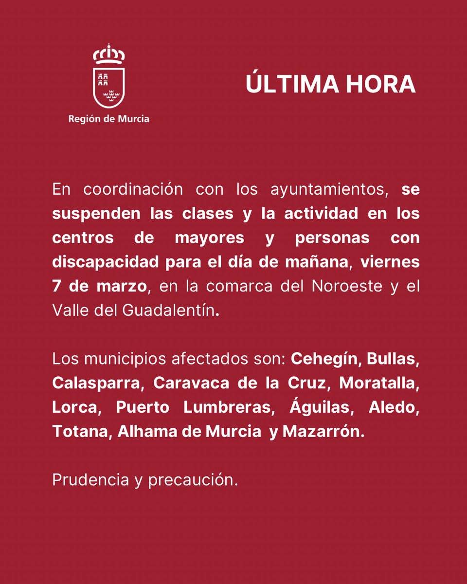 ‼️Última hora.

En coordinación con los ayuntamientos, se suspenden las clases y la actividad en los centros de mayores y personas con discapacidad para el día de mañana, viernes 7 de marzo, en la comarca del Noroeste y el Valle del Guadalentín.

Los municipios afectados son: