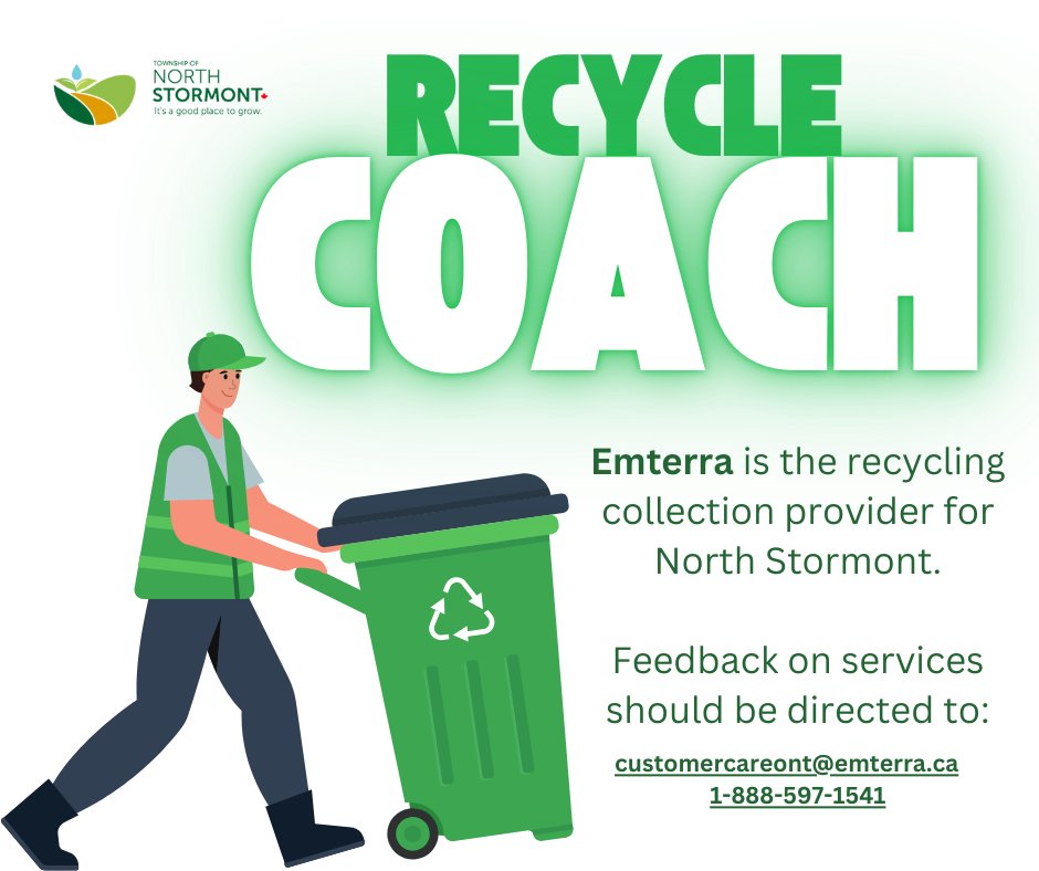 North Stormont is no longer the service agent for recycling pick-up in our township. As per provincial directive, municipalities have had to enact changes to recycling activities in their communities.
Emterra contact: customercareont@emterra.ca and 1-888-597-1541.