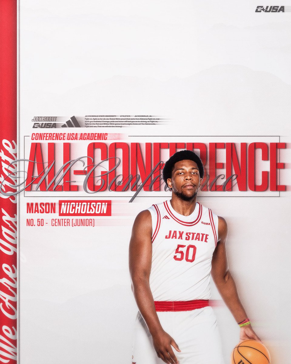 Jax State Basketball (@jaxstatembb) on Twitter photo Hittin the Books and the Boards π
Mason Nicholson has been named to the <a href="/ConferenceUSA/">Conference USA</a> Academic All-Conference Team
#StayCocky π | #FearTheBeak π Hittin the Books and the Boards π
Mason Nicholson has been named to the <a href="/ConferenceUSA/">Conference USA</a> Academic All-Conference Team
#StayCocky π | #FearTheBeak π