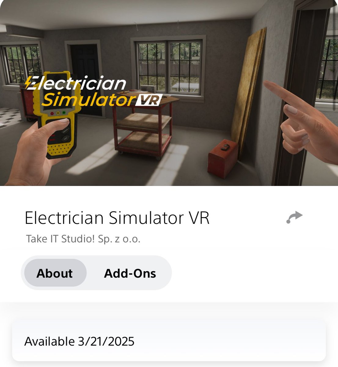 psvrdb's tweet photo. Electrician Simulator VR (@TakeITStudio ) releases on #PSVR2 on March 21st! 

#PlayStation #PlayStation5 #PS5 #VR #VirtualReality #VRgaming #PlayStationVR2 https://t.co/rcrQvofc5f