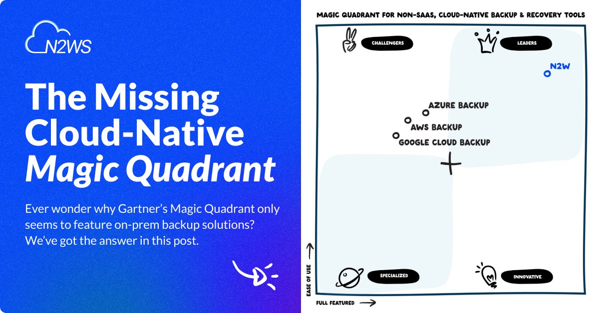 The Gartner Magic Quadrants for backup seem to be stuck in an on-prem era and have overlooked a crucial aspect of modern data protection:

🔒 Cloud-native backup

Why are these innovative solutions left out of the spotlight?

Full article &gt; n2ws.com/blog/missing-g…