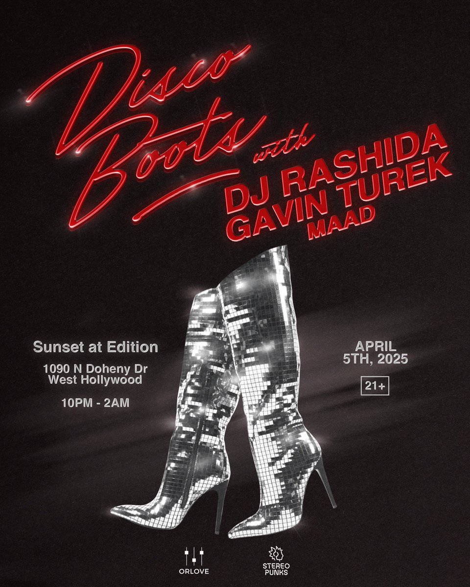 LA! The next Disco Boots party features the icon <a href="/DJRASHIDA/">RASHIDA</a> <a href="/shesMAAD/">MAAD</a> &amp; me on the decks! Come dance with us at Sunset at EDITION April 5th ❤️ 

RSVP: eventbrite.com/e/disco-boots-…