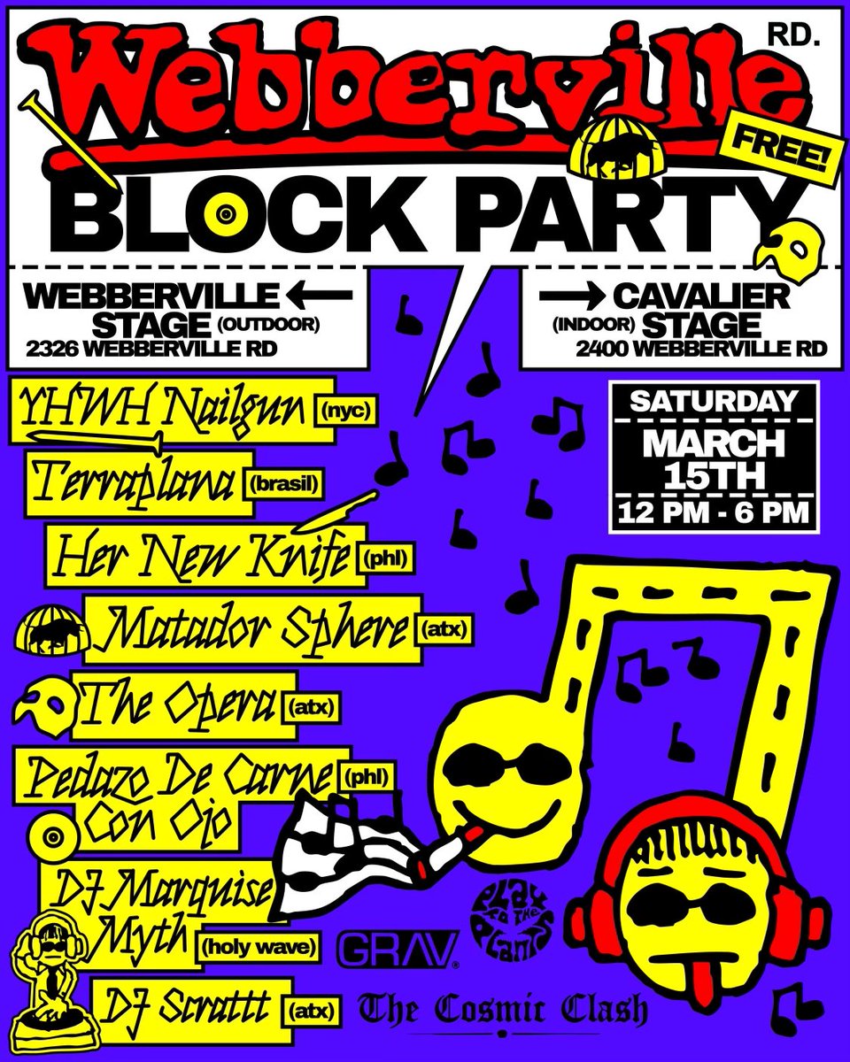 Greg Ackerman (@g_ack) on Twitter photo JUST ADDED: YHWH Nailgun has joined the Webberville Block Party bill on March 15 at The Cavalier ATX presented by <a href="/thecosmicclash/">The Cosmic Clash</a> and <a href="/plants_play/">Play to the Plants</a> - FREE
Sponsored by <a href="/GravLabs/">GRAV</a> JUST ADDED: YHWH Nailgun has joined the Webberville Block Party bill on March 15 at The Cavalier ATX presented by <a href="/thecosmicclash/">The Cosmic Clash</a> and <a href="/plants_play/">Play to the Plants</a> - FREE
Sponsored by <a href="/GravLabs/">GRAV</a>