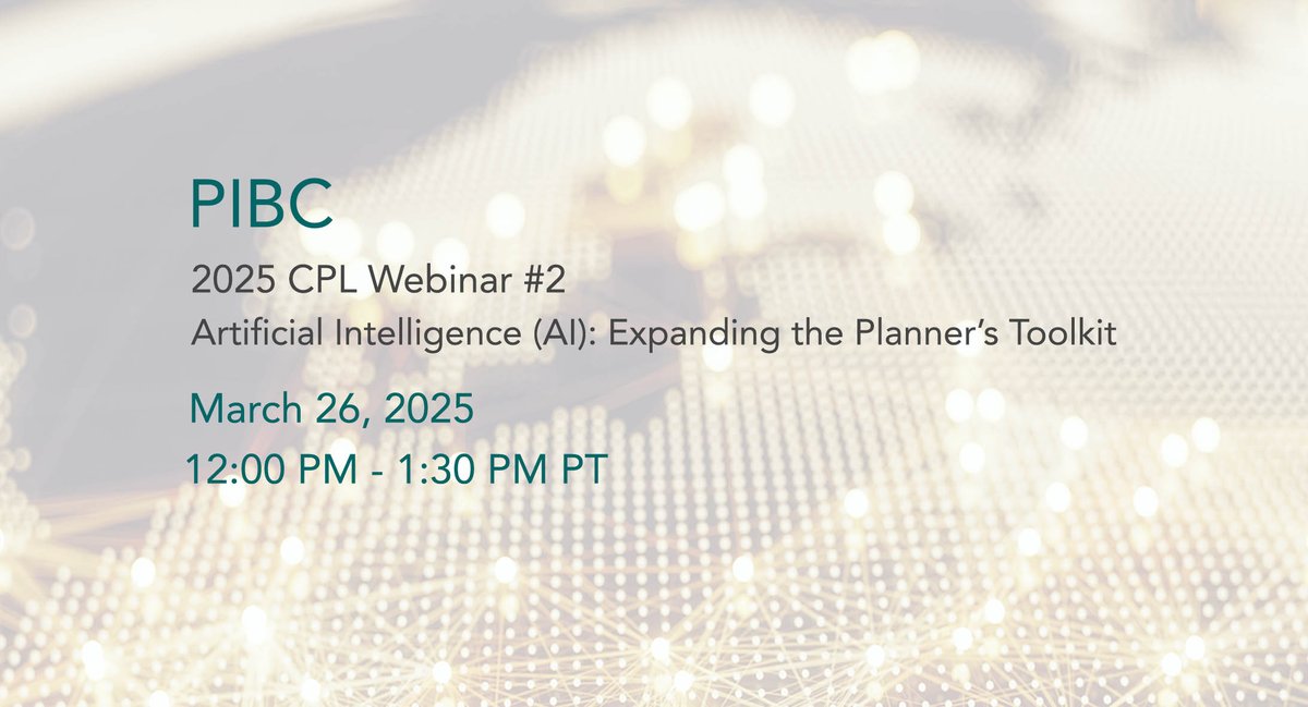 PIBC (@_pibc) on Twitter photo Will AI be a tool for planners or a replacement? As AI rapidly evolves, planners must decide whether to embrace it as a powerful assistant or risk being left behind. 
Join our speakers for PIBC's CPL Webinar #2 on March 26: pibc.bc.ca/event/pibc-cpl… Will AI be a tool for planners or a replacement? As AI rapidly evolves, planners must decide whether to embrace it as a powerful assistant or risk being left behind. 
Join our speakers for PIBC's CPL Webinar #2 on March 26: pibc.bc.ca/event/pibc-cpl…