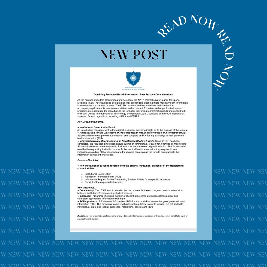 New Post Alert!

Head over to the NATA website to check out the newest post on the Professional Interest Resources page to view "Obtaining Protected Health Information: Best Practice Considerations" or checkout our Facebook page for the link!