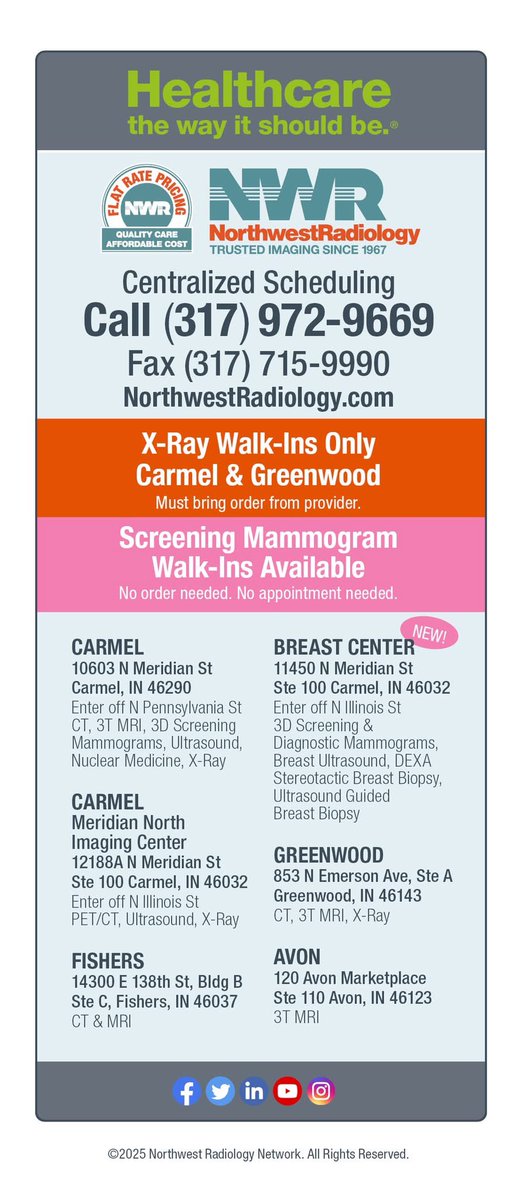 NWR_Indiana's tweet image. Quality imaging + transparent, flat rate prices. Compare & save!💰
NWR is in-network with most insurance plans. Costs will not exceed flat rate prices whether you have insurance or not. To schedule, call 317-972-9669 or visit bit.ly/NWRappt
#NorthwestRadiology