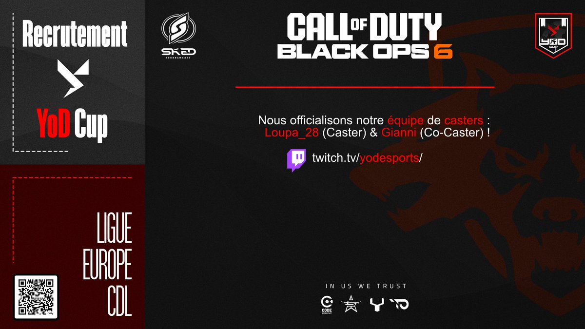 🏆 [#Recrutement]

Nous officialisons notre nouvelle équipe de casters avec le recrutement de <a href="/Loupa_28/">Loupa_28</a> (Caster)  &amp; <a href="/GianniGSA/">OSV Gianni</a> 
(Co-Caster) ! 🔥🔴

📺 twitch.tv/yodesports/
~

#YoDFamily ⚡