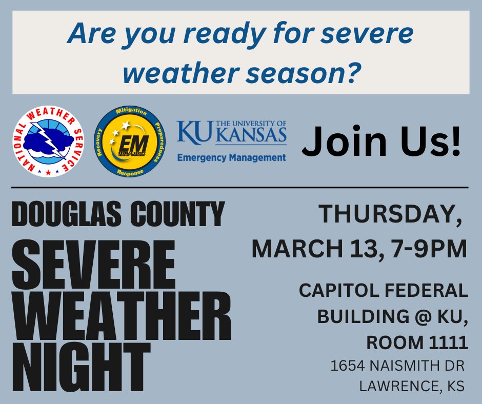 We are one week out from Severe Weather Night at KU! Join us next Thursday at Cap Fed Hall from 7-9PM! Hope to see you there!
#SevereWeatherPreparedness #KsWx #RockChalkReady