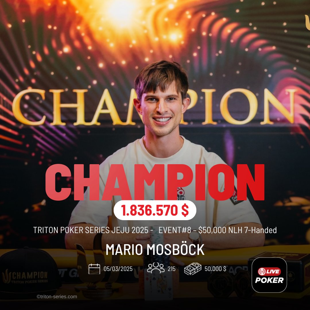Live_Poker's tweet image. Mario Mosböck s'adjuge le 50.000 $ des Triton Jeju

app.a-game-technology.com/news.20250306-…

#tritonpokerseries #highrollers #jeju #victory #trophy #champion
