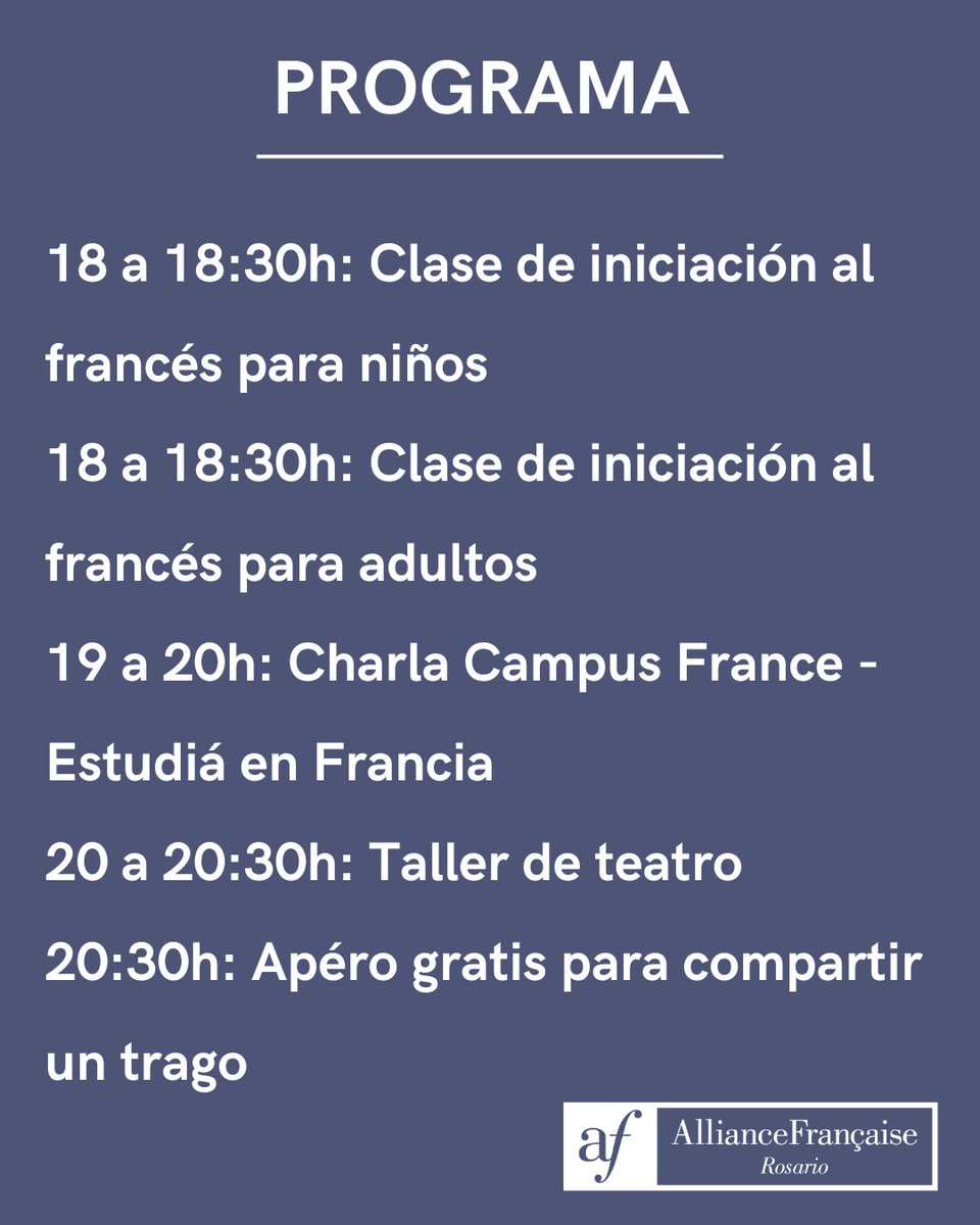 📢 Jornada de  PUERTAS ABIERTAS de la Alianza Francesa de Rosario

🗓 07/03 a partir de las 18hs.

📚Clases de francés 
🥞 Venta de crepes
🗣️ Charla <a href="/CampusFranceArg/">CampusFranceArgentina</a> para estudiar en Francia
🎭 Taller de teatro
🍷 Apéro 

📍 San Luis 846
🎟️ Entrada gratuita
