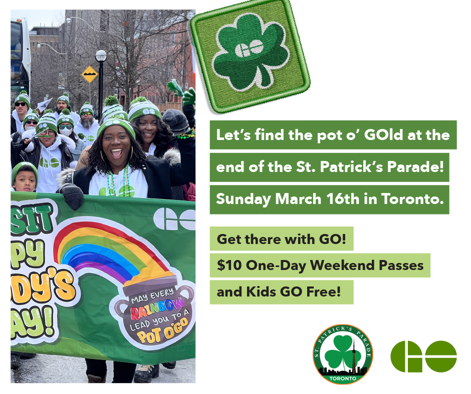StPatricksTo's tweet image. GO Transit is the best option to get you to the St. Patrick's Parade! Save with One-Day Weekend Pass and Kids GO Free.

For more information visit gotransit.com/stpatricksday .