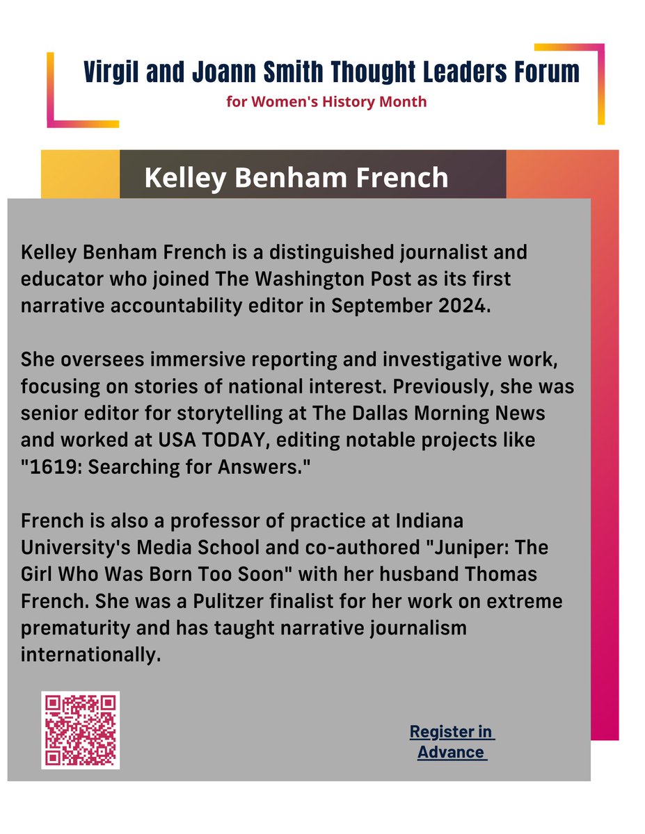 📢 Women's History Month Webinar: Are We Getting the Whole Story?
Get to know our keynote speaker: Kelley Benham French, Narrative Accountability Editor at the Washington Post

🗓️ Date: Thursday, March 13, 2025
📍 Location: Virtual Open to the Public 
🔗 Link to register in bio