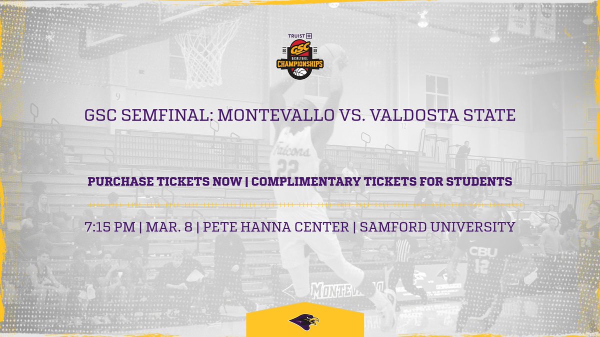 Montevallo Falcons (@umfalcons) on Twitter photo Get your tickets now for <a href="/MontevalloMBB/">Montevallo Men's Basketball</a>'s semifinal matchup Saturday, Mar. 8, in the <a href="/GulfSouth/">Gulf South Conference</a> Tournament โผ๏ธ
ATTENTION MONTEVALLO STUDENTS ๐ฃ๏ธ
Complimentary admission will be provided courtesy of Montevallo Athletics. Students must present a valid UM student ID at the Get your tickets now for <a href="/MontevalloMBB/">Montevallo Men's Basketball</a>'s semifinal matchup Saturday, Mar. 8, in the <a href="/GulfSouth/">Gulf South Conference</a> Tournament โผ๏ธ
ATTENTION MONTEVALLO STUDENTS ๐ฃ๏ธ
Complimentary admission will be provided courtesy of Montevallo Athletics. Students must present a valid UM student ID at the