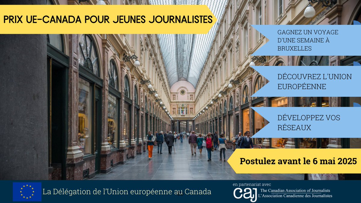 Le #journalisme et l'#Unioneuropéenne vous intéressent? 

Découvrez l'#UE grâce au Prix pour jeunes journalistes 🇨🇦🇪🇺

📣 Les candidatures sont maintenant ouvertes!

🗓 Date limite: le 6 mai 2025
✈️ Voyage d’études en novembre
 
Postulez ici : shorturl.at/XLXqV
 
#Bruxelles